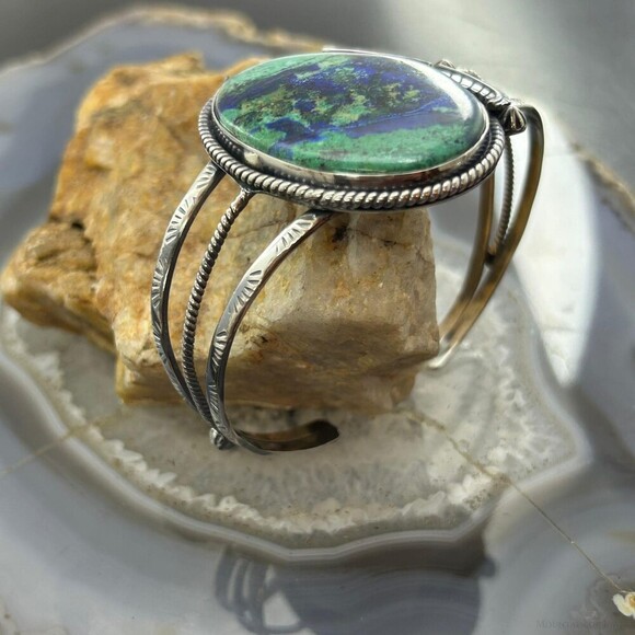 Sterling Silver Southwestern Style Oval Azurite Decorated Bracelet For Women - Picture 3 of 10
